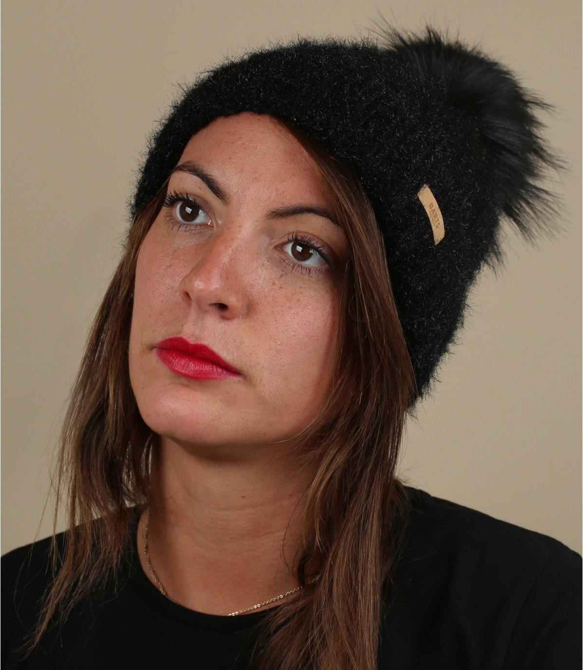 cuffia con pompon in pelliccia n Geranium Beanie black